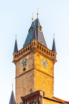 Detailed view of Old Town Hall Tower, Old Town Square, Prague, Czech Republic.