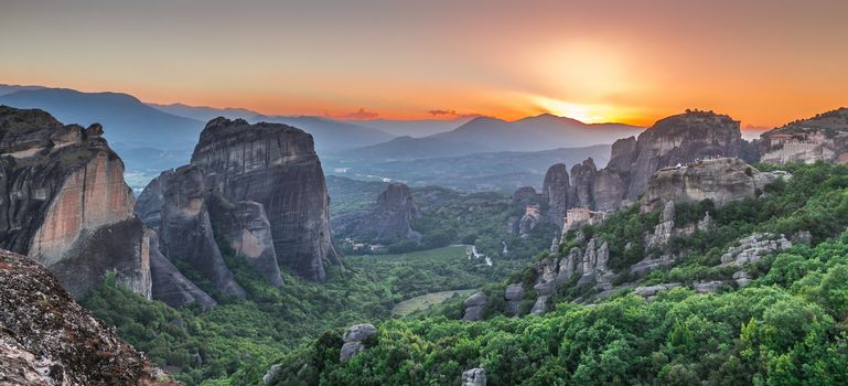 Panoramic sunset view of the Meteora  Monasteries near Kalambaka town in Greece