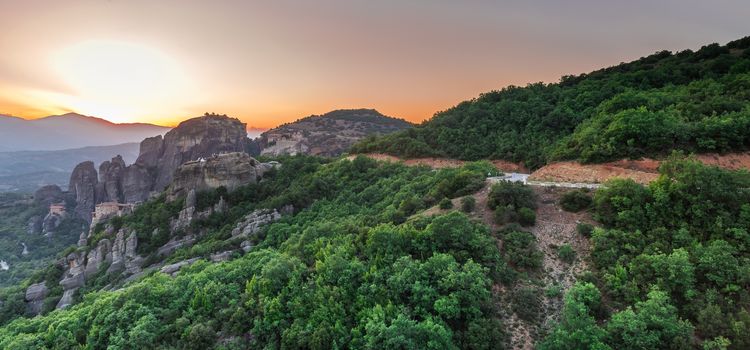 Panoramic sunset view of the Meteora  Monasteries near Kalambaka town in Greece