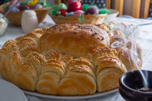 Smoke rising from Cresset on the table with food on ortodox easter