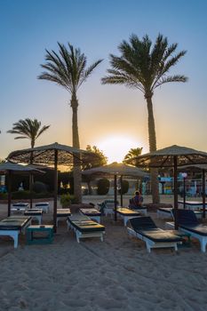 Umbrellas and loungers on a beach of the Red Sea at sunset