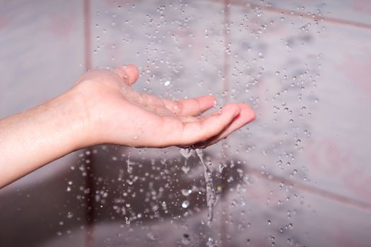 Hand in the Water Stream Under a Shower in the Bathroom