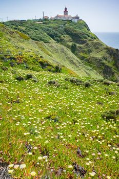 Lighthouse and wildflowers bloom at Cabo da Roda, Sintra, Portugal