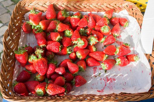 Fresh strawberries for sales at local fruit market