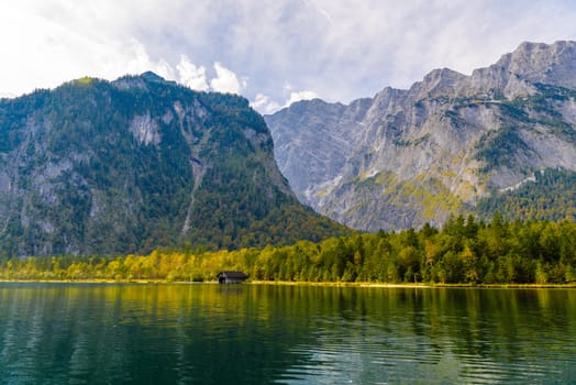 Wooden old fish house on the lake Koenigssee in Konigsee, Berchtesgaden National Park, Bavaria, Germany.