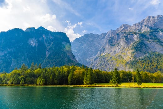 Koenigssee lake with Alp mountains in Konigsee, Berchtesgaden National Park, Bavaria, Germany.