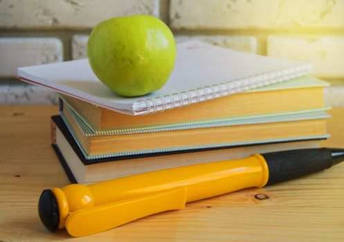 Teacher's Day concept and back to school, green Apple, large souvenir pen on books and notebooks, sunlight.