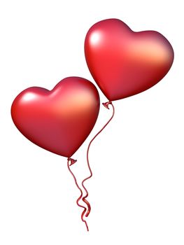 Two red heart shaped balloons 3D render illustration isolated on white background