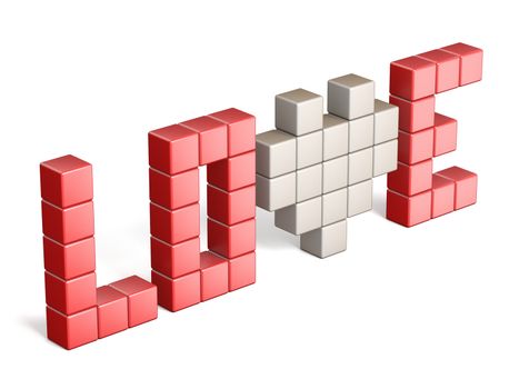 Pixels forming the word love 3D render illustration isolated on white background