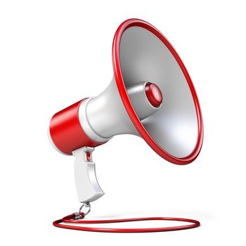 Red and white megaphone 3D render illustration isolated on white background