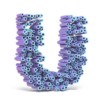 Purple blue font made of tubes LETTER U 3D render illustration isolated on white background