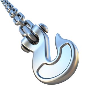 Silver hook and chain diagonal 3D render illustration isolated on white background