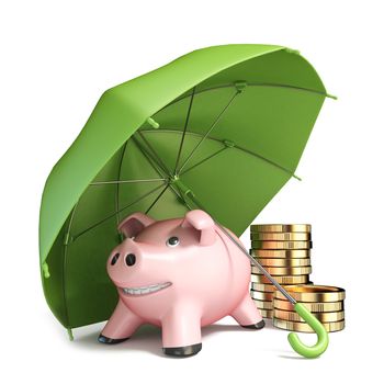 Piggy bank, green umbrella and coins 3D render illustration isolated on white background