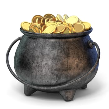 Iron pot full of golden coins 3D render illustration isolated on white background