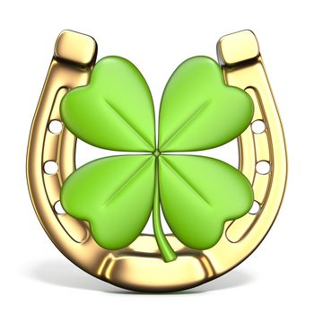 Lucky symbols horse-shoe and four-leaf clover Front view 3D render illustration isolated on white background