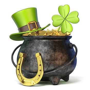 Iron pot full of golden coins, Green St. Patrick's Day hat, clover and horseshoe 3D render illustration isolated on white background