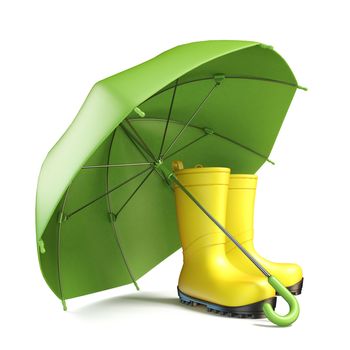 Pair of yellow rain boots and a green umbrella 3D render illustration isolated on white background
