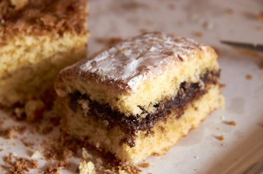 Homemade sponge cake filled with chocolate, in Valencian "COCA DE LLANDA"