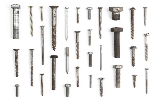 Set of old rusty bolts nails and screws isolated on white background