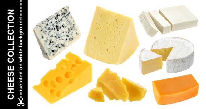 Various types of cheese. Cheddar, parmesan, emmental, blu cheese, camembert, feta isolated on white background