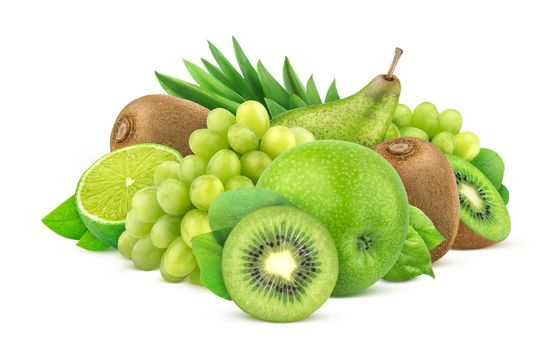 Heap of green fruits and berries isolated on white background with clipping path