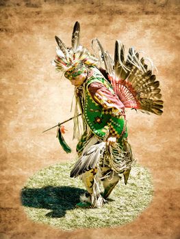 Collage  in grunge style  in Photoshop . dancing Native American in national costume