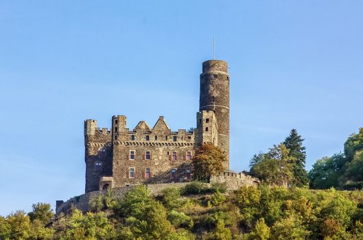 Maus Castle is located on the high bank of the Rhine River, Germany