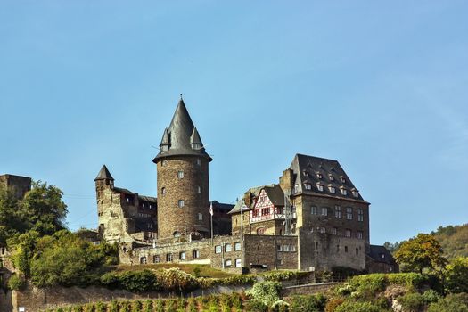 The 13th century Stahleck Castle overlooks the Rhine River south of Bacharach Germany