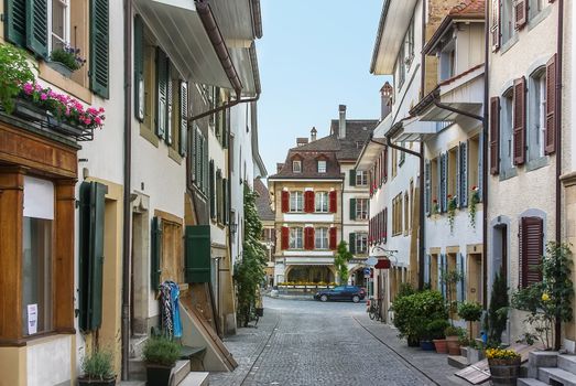 street with historical building in Murten,,Switzerland