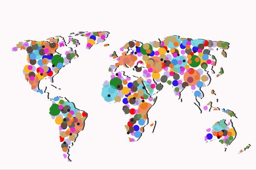 Roughly outlined world map with a colorful background patterns