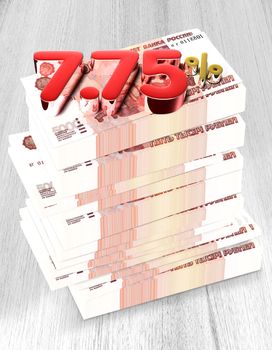 7.75 3D rendering Placed on a dollar pile on a striped wood floor.(with Clipping Path).