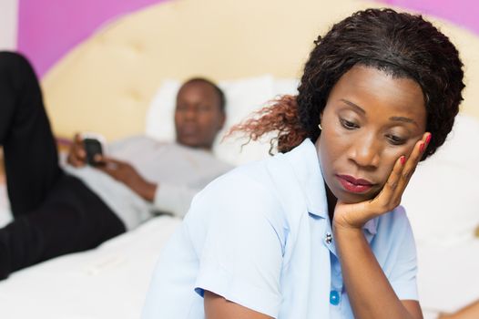 young woman is angry against her husband because they disputed.