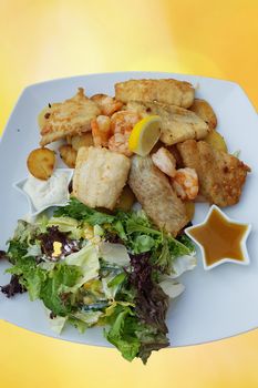 Plate of different fish served on a white plate