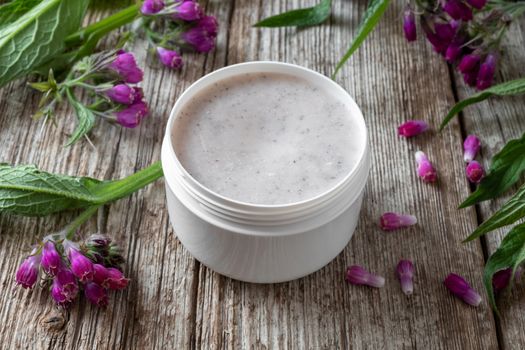 A jar of comfrey root ointment with fresh blooming symphytum officinale plant