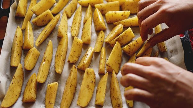 Hands - Sliced raw potatoes on a baking sheet with spices and rosemary, top view, copy space