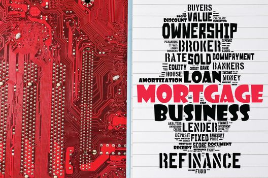 Mortgage word cloud collage over red background