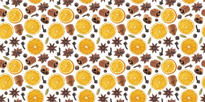 Seamless pattern of christmas spices for decoration. Ingredients for mulled wine isolated on white background.