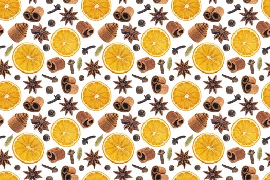 Seamless pattern of christmas spices for decoration. Ingredients for mulled wine isolated on white background.