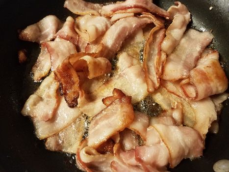 greasy bacon cooking in frying pan or skillet on stove