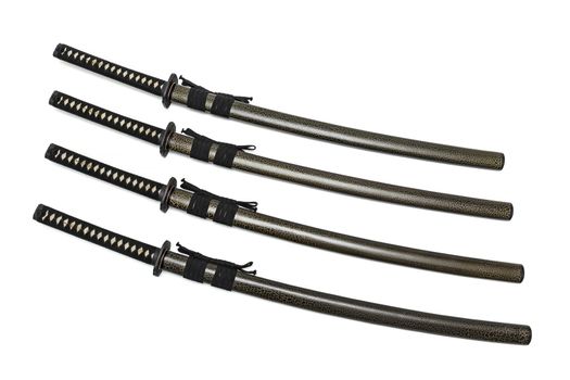 4 Japanese swords and green textured scabbard with black cord isolated in white background.