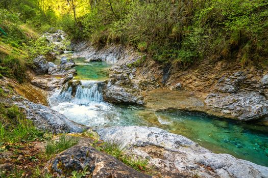 Tiny waterfall at the Val Vertova Torrent near Bergamo,Seriana Valley,Italy,