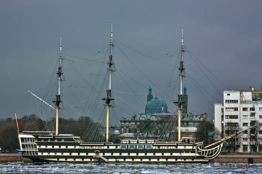The reconstructed frigate "Good fortune" on the Neva river in the Saint Petersburg center