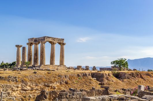 The ruins of the Temple of Apollo in ancient Corinth, Greece