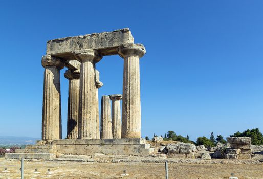 The ruins of the Temple of Apollo in ancient Corinth, Greece