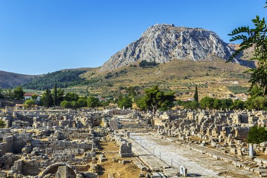 view of ruins of Ancient Corinth in Greece