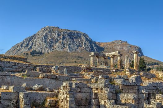 The ruins of the Temple of Apollo in ancient Corinth, Greece