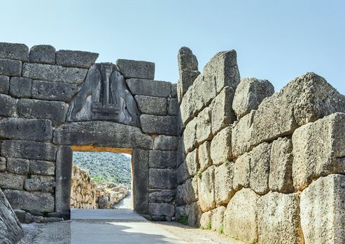 The Lion Gate in Mycenae, Greece. The Lion Gate was the main entrance of the Bronze Age citadel of Mycenae