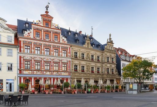 Picturesque houses in the Renaissance style on the Fischmarkt square in Erfurt, Germany