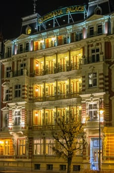 One of hotels in the centre of Karlovy Vary in the evening