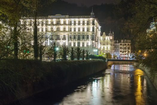 View on Tepla river and Grandhotel Pupp in Karlovy Vary
